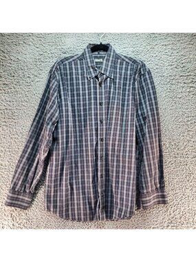 Ashworth Shirt Mens Large Navy Gray Long-Sleeve Plaid Button-Up